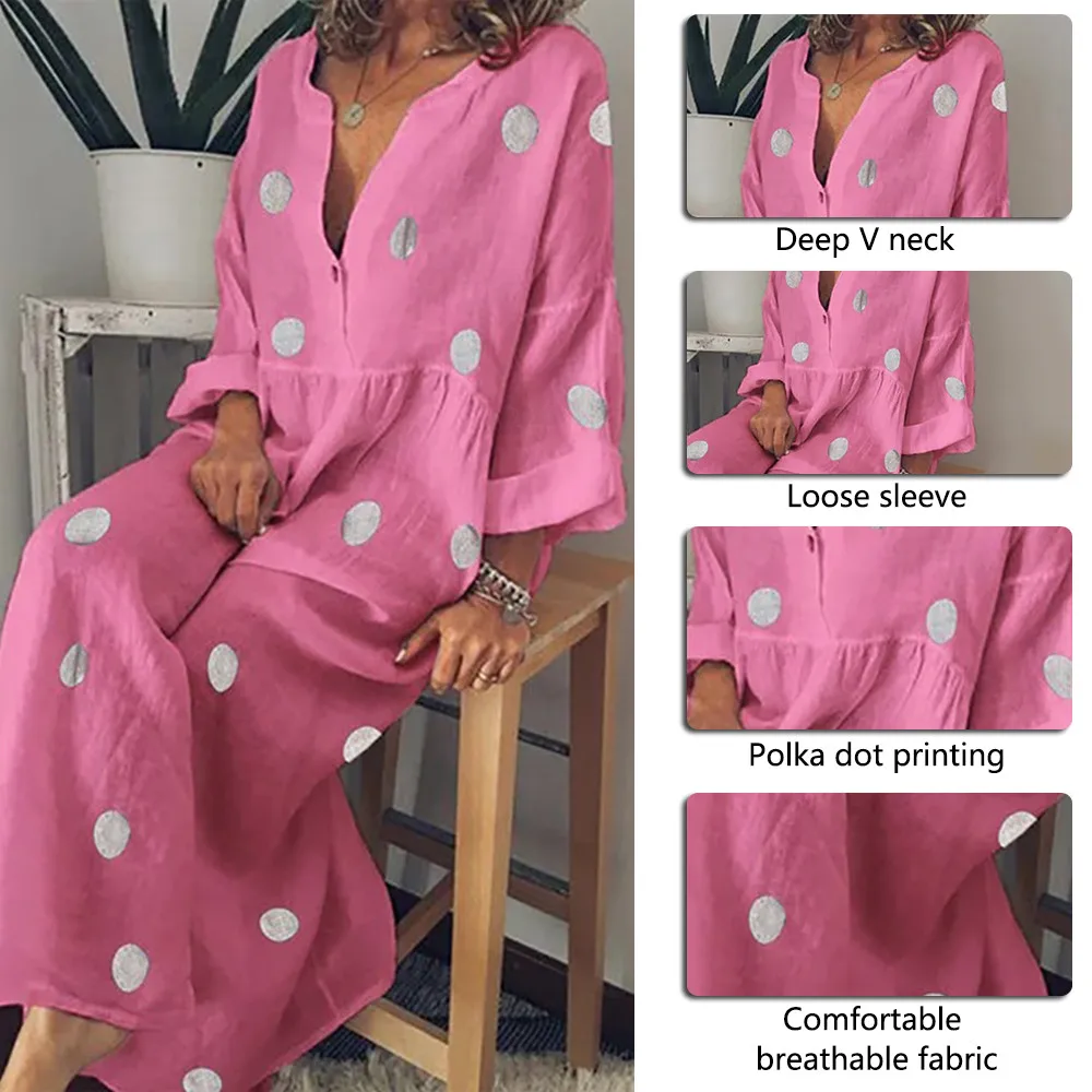LOOZYKIT Oversized Women Polka Dot Dresses Casual Loose Seven Quarter Sleeve Boho Maxi Dress Sexy V Neck Vintage Beach Dress