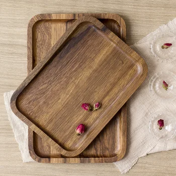 

Japanese vintage plate zebra wood solid dish rectangular tray creative disk logo carving customzied serving dish