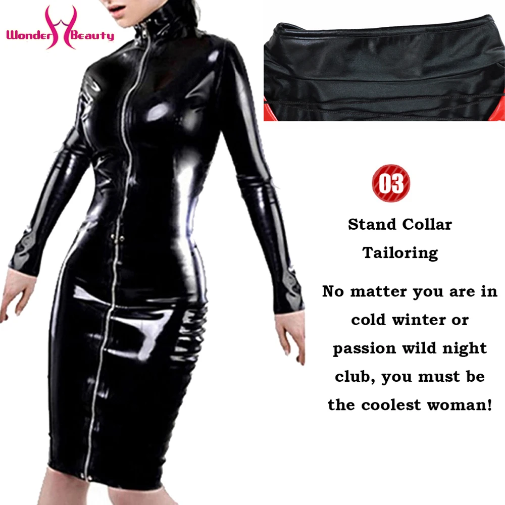 Long Sleeve Faux Leather Dress Zipper Lace Up Midi Bodycon Wet Look Vinyl Party Night Club Dresses Vestido (3)