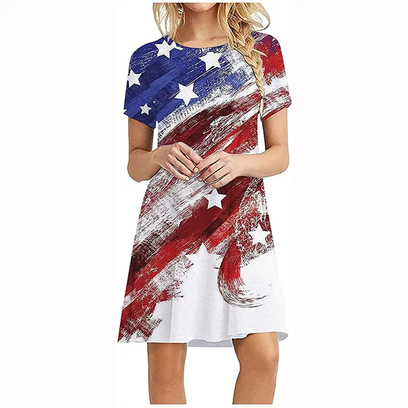 

2022 American Independence Day Flag Element Round Neck Fashion Summer Loose Casual Women's A-line Group Elegant Personality