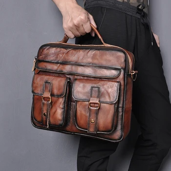 

Men Original Leather Antique Retro Maletin Business Briefcase 13" Document Laptop Case Attache Portfolio Messenger Bag B207