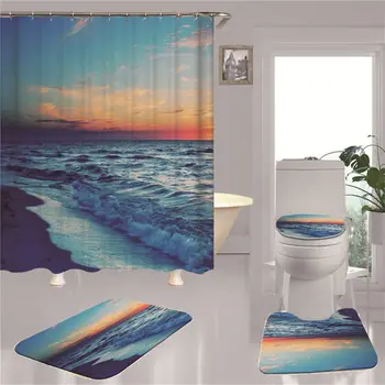 

4 Piece Shower Curtain Sets with Non-Slip Rug, Toilet Lid Cover, Bath Mat and 12 Hooks Durable Waterproof Bath Curtain