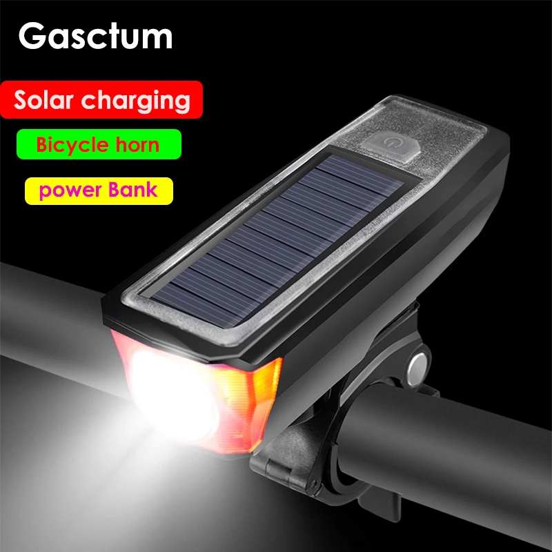 

2000mah Built-In Battery Solar Rechargeable Bicycle Light 120db Horn Bike Headlight With Mobile Power Function Bright Flashlight