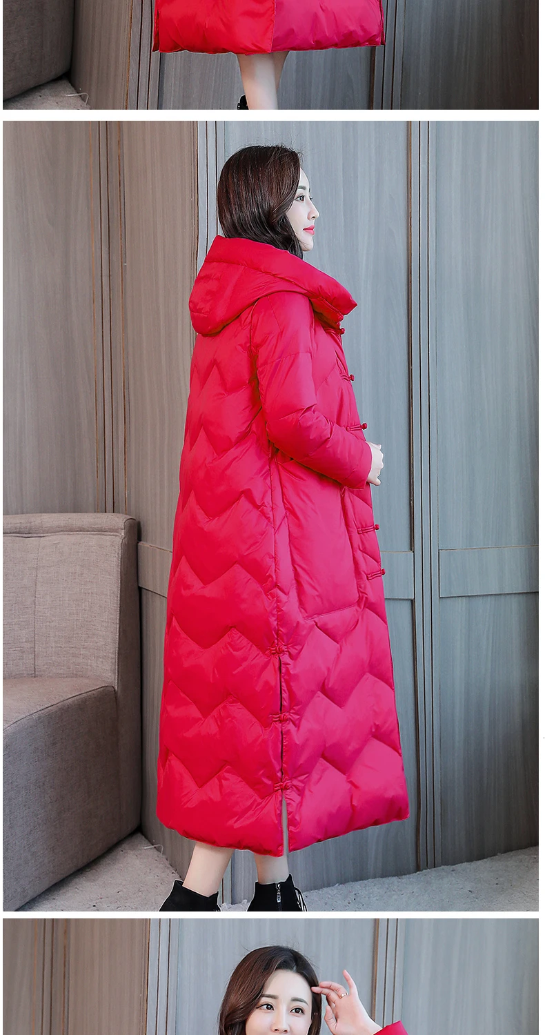 Модные длинные женские пуховики в китайском стиле, куртки, теплые свободные зимние пальто, женские куртки-пуховики, большие размеры, капюшон Harajuku