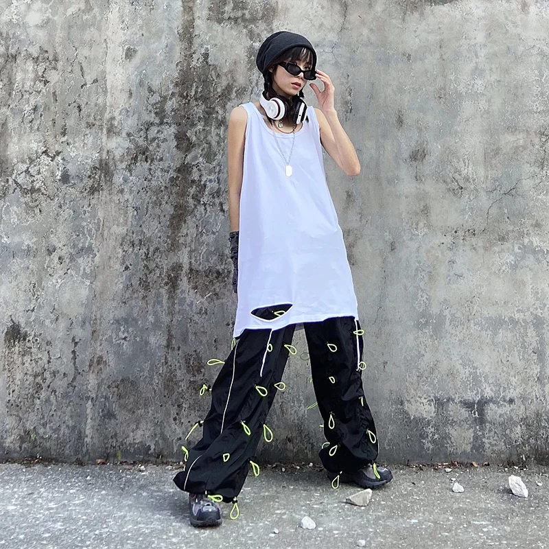 [EAM] High Elastic Waist Green Drawstring Wide Leg Long Trousers New Loose Fit Pants Women Fashion Tide Spring Autumn 2020 1X847