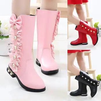 

Winter Kids Boots Girls Cute With Bud silk Bow Sweet Flat Knee Boots Solid Color Children Girl Student Anti-slip Snow Boot 26-37
