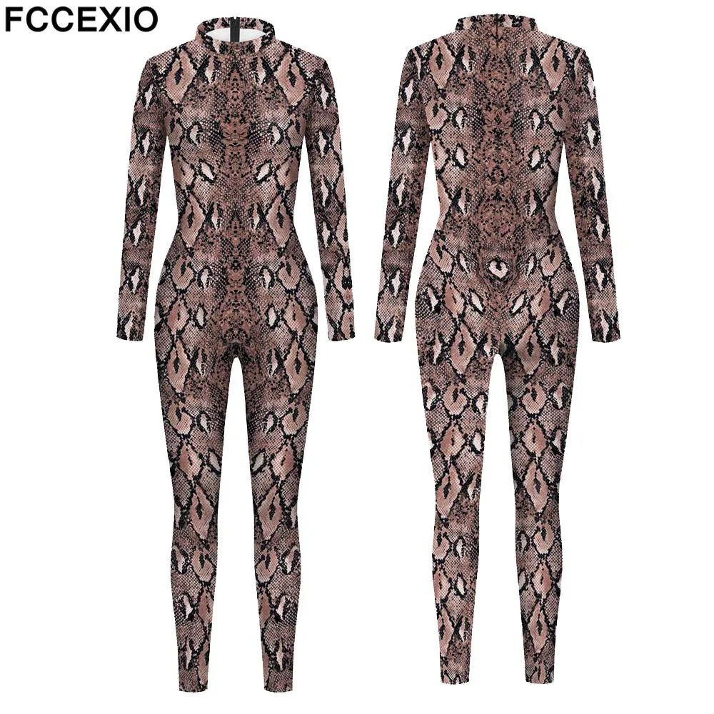 FCCEXIO 2021 New Women's Jumpsuit Sexy Snake Printed Romper Bodycon Female Body Outfits Party Bodysuit Cosplay Costumes 2021 women off shoulder casual jumpsuits wide leg pants summer elegant rompers womens jumpsuit party overalls female