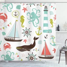 

Nautical Shower Curtain Lighthouse Sailboat Shells Octopus and Anchor Pastel Fabric Waterproof Screen Bathroom Decor with Hooks