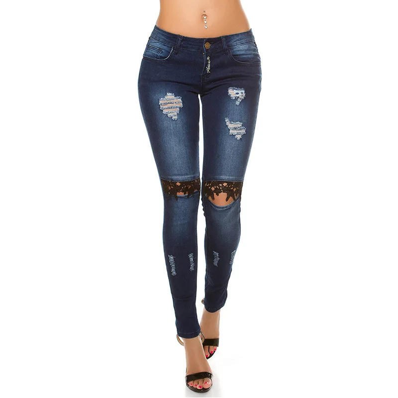 Женские Модные кружевные джинсы до колена облегающие джинсы женские брюки-карандаш лоскутные брюки для женщин облегающие брюки - Цвет: blue