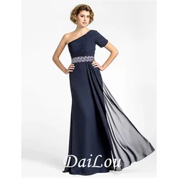 Sheath / Column Mother of the Bride Dress Sparkle One Shoulder Floor Length Chiffon Short Sleeve with Beading Side Draping 2021