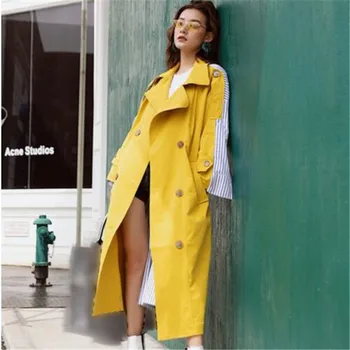 

2019 Stripe Patchwork Contrast Color Thin Windbreaker With Belt Personality Jacket Long Coat For Women New Fashion