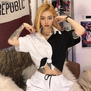 

Sisterlinda Black White Patchwork T Shirt Women Tops Short Sleeves Tee Casual Simple Fashion College Hip Hop Top Mujer T-shirts