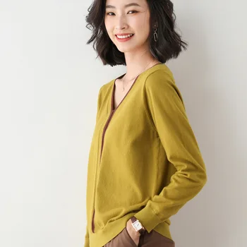 

Fall/winter women's solid color V-neck long-sleeved knitted stitching T-shirt