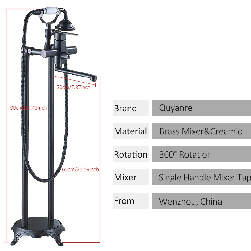 

vidric black brushed bathtub floor standing faucet creamic handshower rotation long spout single handle mixer tap bath shower F