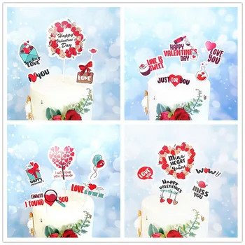 

5pcs Cake Decoration Red Rose Flower Happy Vaoentine`s Day Cake Toppers Letter Capcake Decor Wedding Gifts Party Supplies