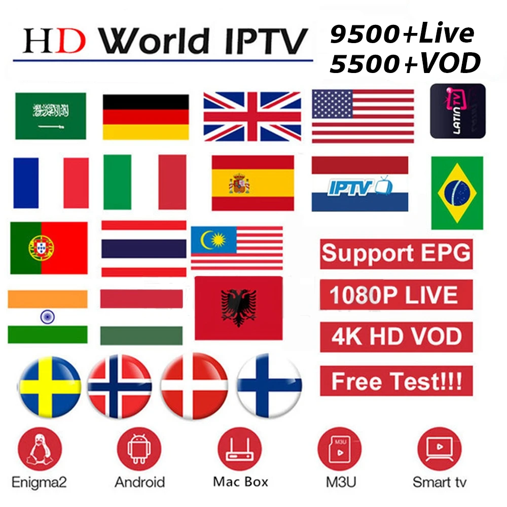 

HD World IPTV 9500+ Live 5000+VOD 4K HD Channel Support IFIRE TV Box Android TV Box M3U IPTV Media Player Internet