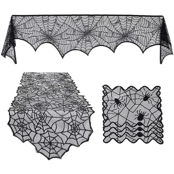 

Halloween Decoration Set,Spiderweb Table Runner,Fireplace Scarf Cover and Spider Placemat for Home Decor Halloween Party