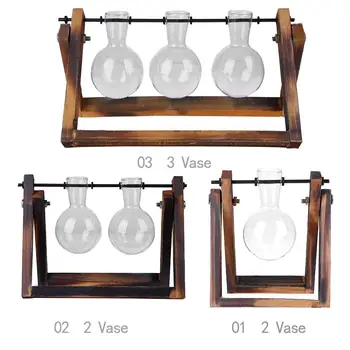 

Glass and Wood Vase Planter Terrarium Table Desktop Hydroponics Plant Bonsai Flower Pot Hanging Pots with Wooden Tray Home Decor