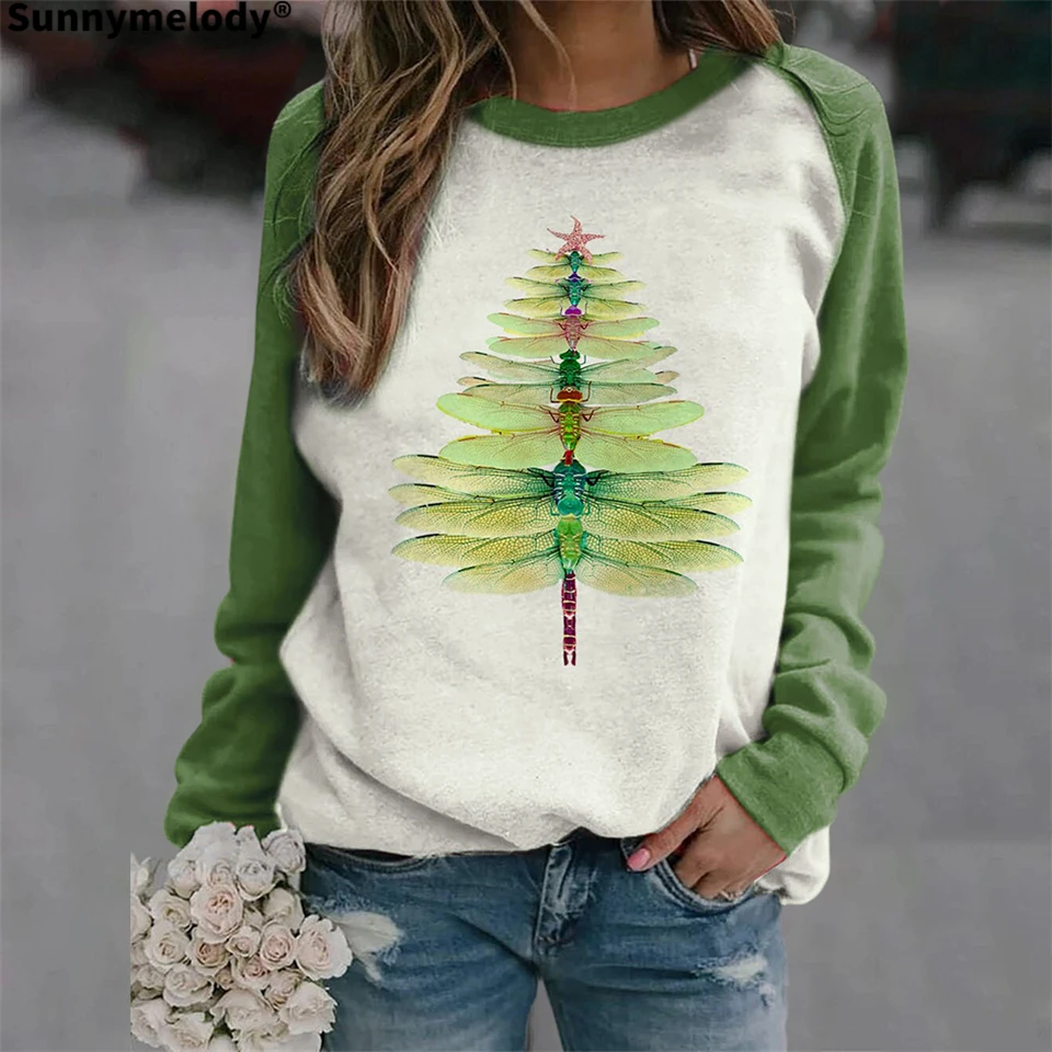 

2020 Autumn winter fashion casual home dress hoodie Dragonfly Christmas tree patterned round neck long sleeve hoodie