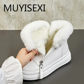 

Genuine leather round toe flat platform keep warm rabbit fur decoration cold protection sweety girl snow boots LIANG02 MUYISEXI