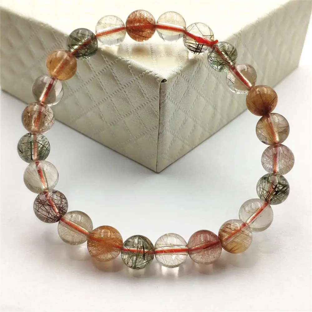 

Natural Colorful Rutilated Quartz Crystal Gold Red Green Copper Bracelet 8mm Women Love Gift Round Beads Stone Jewelry AAAAA