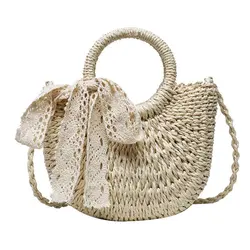 Handmade Half-Round Rattan Straw Crossbody Bag - Summer Women's Small Beach Handbag (Beige Ribbon)