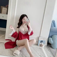 Повседневный женский красный ночной халат-Пижама, комплект, сексуальный топ на бретелях, пижама, домашняя ночная рубашка, халат для сна, банное платье