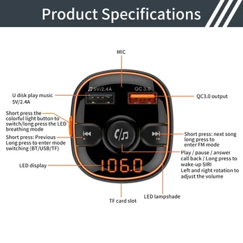 

Bluetooth FM Transmitter for Car, Upgraded V5.0 and 7 Color LED Backlit Car Radio Bluetooth Adapter Supports QC3.0 Fast Charging