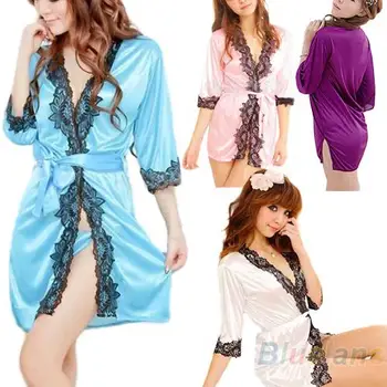 

Sexy Sleepwear Imitated Silk Robe Fashion 3/4 Sleeve Bathrobe + G-String Belt wonderful sexy sleepwear for women great gifts