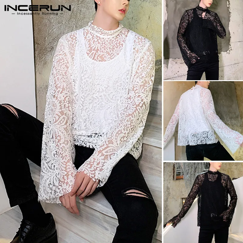 

Men See-through Clubwear Party Hollow Out Tops Long Sleeve Lace Shirts Stylish Two Piece Mesh Men shirts Sets S-5XL INCERUN