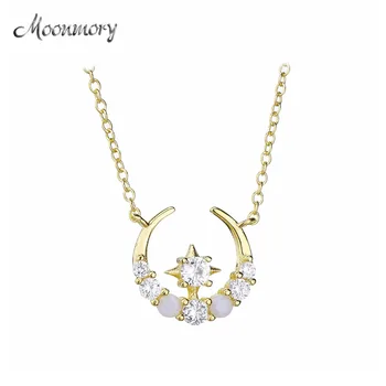 

Moonmory 100% Real 925 Sterling Silver Japanese Moon Pendant Milk CZ Zircon Crystal 2018 Women Long Chian Gold Wedding Jewelry
