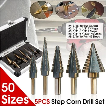 

5pcs/Set HSS Cobalt Multiple Hole 50 Sizes Step Drill Bit Hole Opener with Aluminum Case For Steel, iron, aluminum drilling