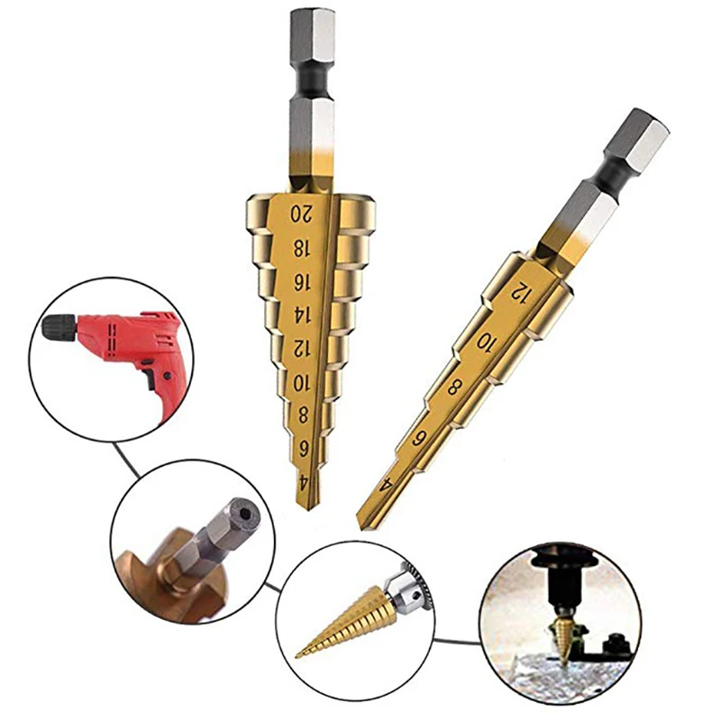 HSS Step Drill Bit 4-12mm 4-20mm 4-32mm 1/4'' Hex Shank Core Stepped Drill Cone Cutt Tools For Wood