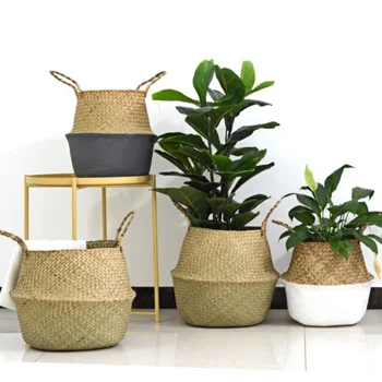 

Straw Hanging Rattan Flower Basket Handmade Wicker Plant Pot Planter Modern Flowerpot Home Decorative