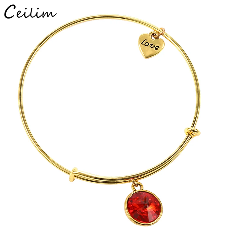 Fashion Gold Color Expandable Cable Wire Bangle 2020 New Love Heart Charm Crystal Birthstone Bracelets for Women Design Jewelry | Украшения