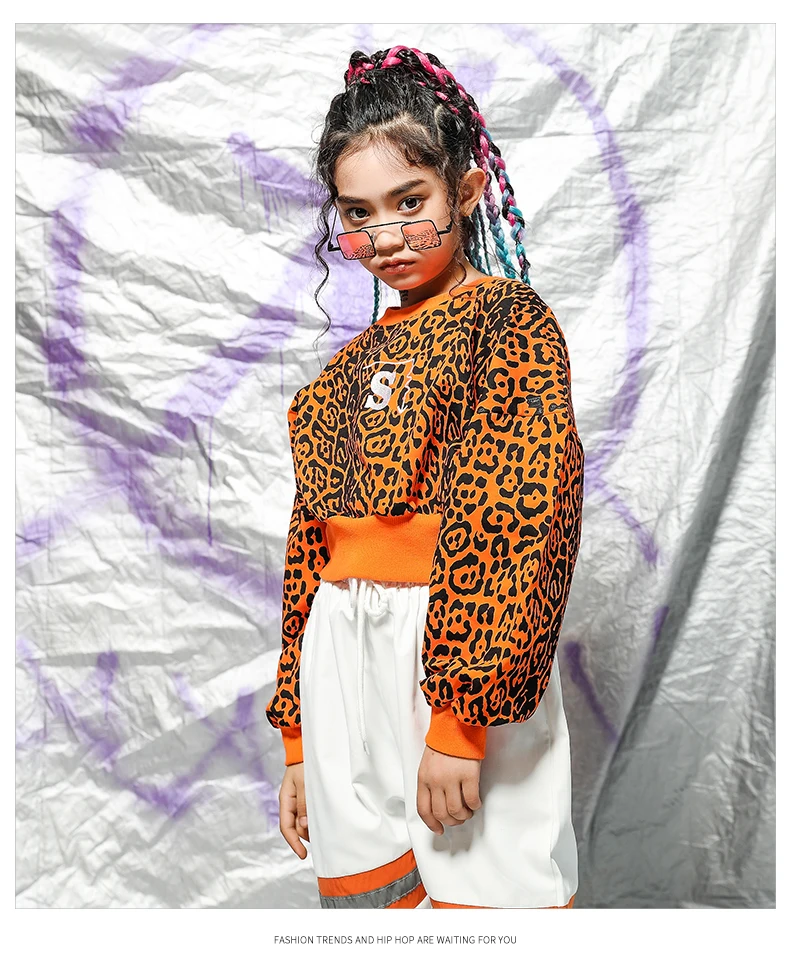 Hip Hop Costume Girls Leopard Crop Top Hooded Jogger Trousers Kids Dance Costumes For Jazz Street Performance Set 110-180cm (8)