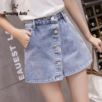 

High Waist A-line Jeans Women Skirts Shorts Korean Style Office Lady Single Beasted Solid Female Denim Skirt Shorts 2020 Summer