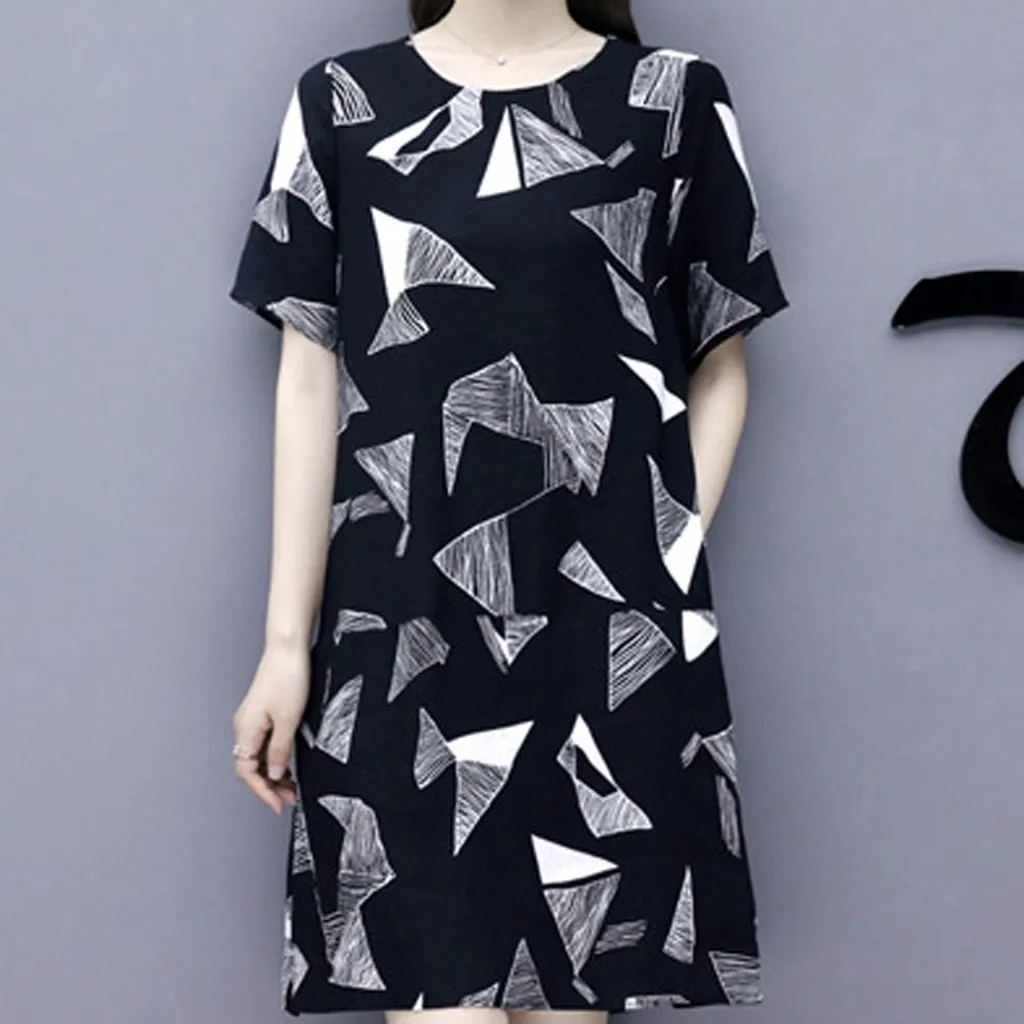 2020 Summer Casual Dress Women Fashion Womens Short Sleeve Printing Round Collar Black Mini Loose Dress#J30 | Женская одежда