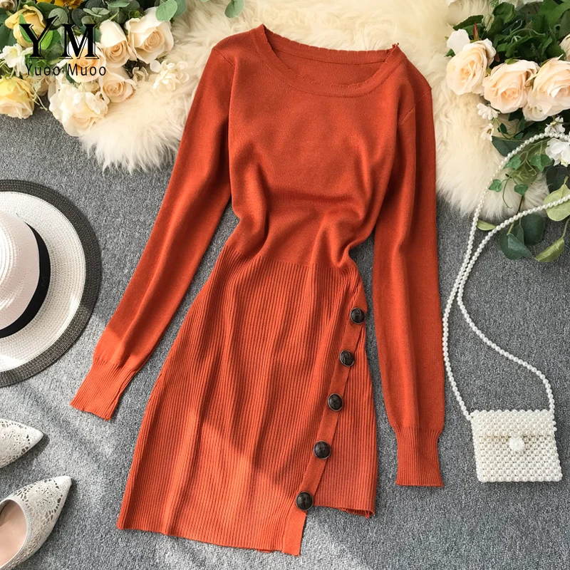 

YuooMuoo Fashion Side Buttons O Neck Knitted Women Dress 2019 Autumn Korean Short Sweater Dress Long Sleeve Basic Winter Ladies Bodycon Dress Vestidos Elegant Female Office Dress Work Wear