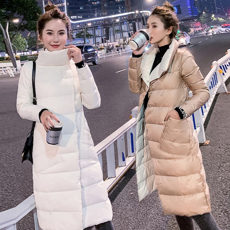 Double Sided Women's Down Jacket Long Winter Turtleneck White Duck Down Coat Female Double Breasted Plus size Warm Plaid Parkas - Цвет: white and Champagne