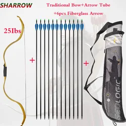 25lbs Archery Traditional Bow Powerful Recurve Bow With 6pcs Fiberglass Arrow For Outdoor Hunting Shooting  Accessories