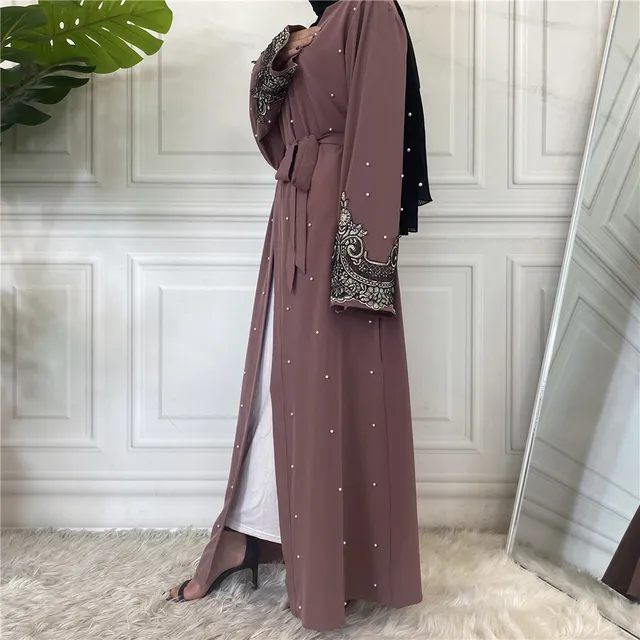 Middle East Ramadan Lace With Pearls Design Abaya Dubai Kimono Kaftan Caftan Turkish Islamic Clothing Muslim For Women Maxi Robe 6