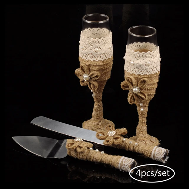 Natural Rustic Jute Lace Wedding Cake Knife Server Party Favors Set