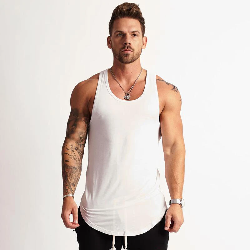 Белый Brand Gym Sleeveless Shirt Solid Cotton Clothing Tank Tops Workout Muscle Men Fitness Bodybuilding Stringer Mens Sporting Vests - Цвет: Белый