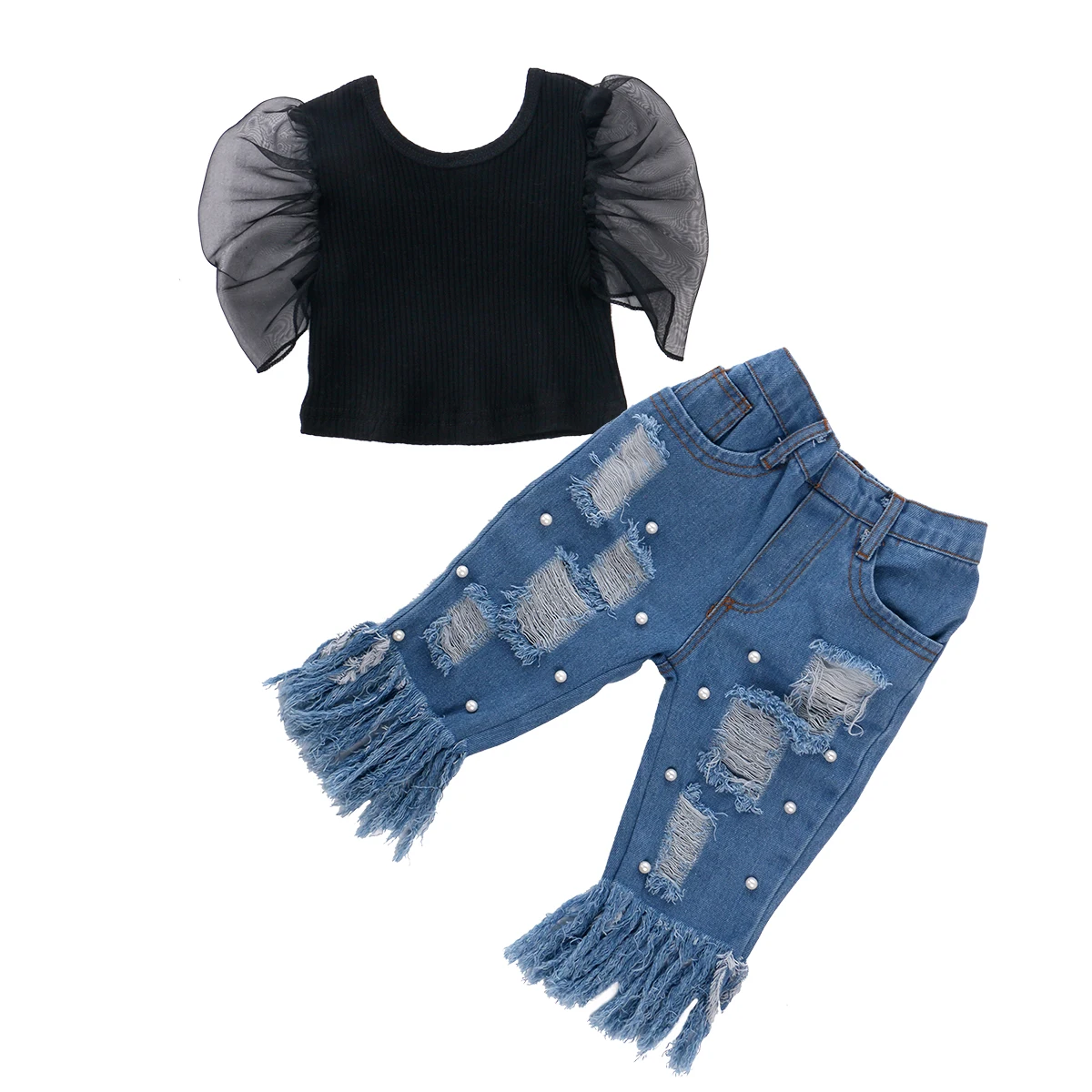 Summer Kids Girl Sets Clothing Fashion Mesh Puff Sleeve Black Crop Tops+Beads Holes Flare Pants Child Streetwear Outfits |