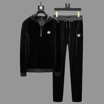 

Crown Embroidery Velvet Sportswear Hoody Set Clothes Tracksuits Men Sweatshirts Coats Track Suits Joggers Winter Pant Suit