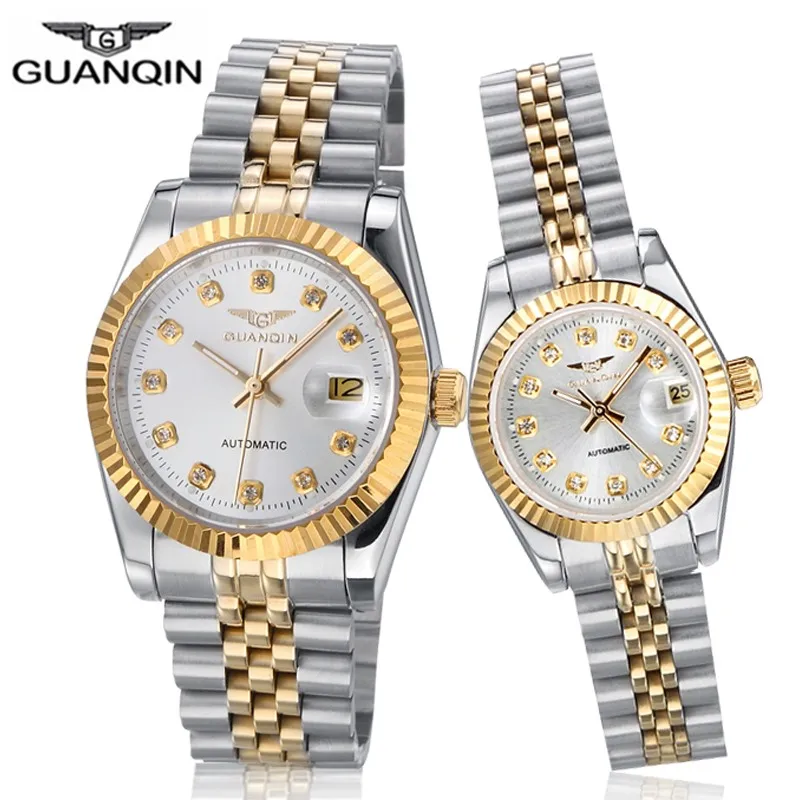 gold white Пара часов GUANQIN Топ бренд класса люкс автоматические механические часы из нержавеющей стали водонепроницаемые часы relogio masculino подарок для пары - Цвет: gold white