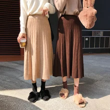 Винтажные осенние зимние длинные вязаные женские юбки, женские плиссированные юбки, женские вязаные миди юбки