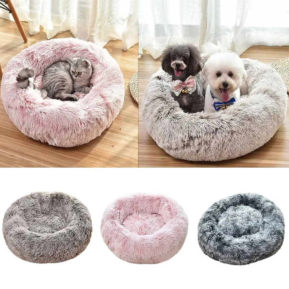 Pets Cat Dog Round Winter Warm Sleeping Bag Bed Cushion Mat Long Fluffy Plush Soft Pet Bed Calming Marshmallow Bed Drop Shipping Houses