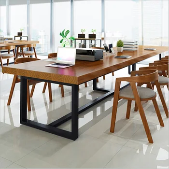 

American retro solid wood desk wrought iron loft industrial wind strip conference table company staff six-person computer desk